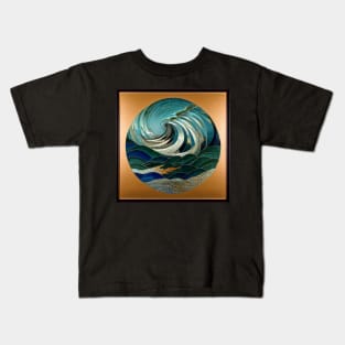 Mosaic Ocean Wave Scene with Gold Leaf Frame - Coastal Art Kids T-Shirt